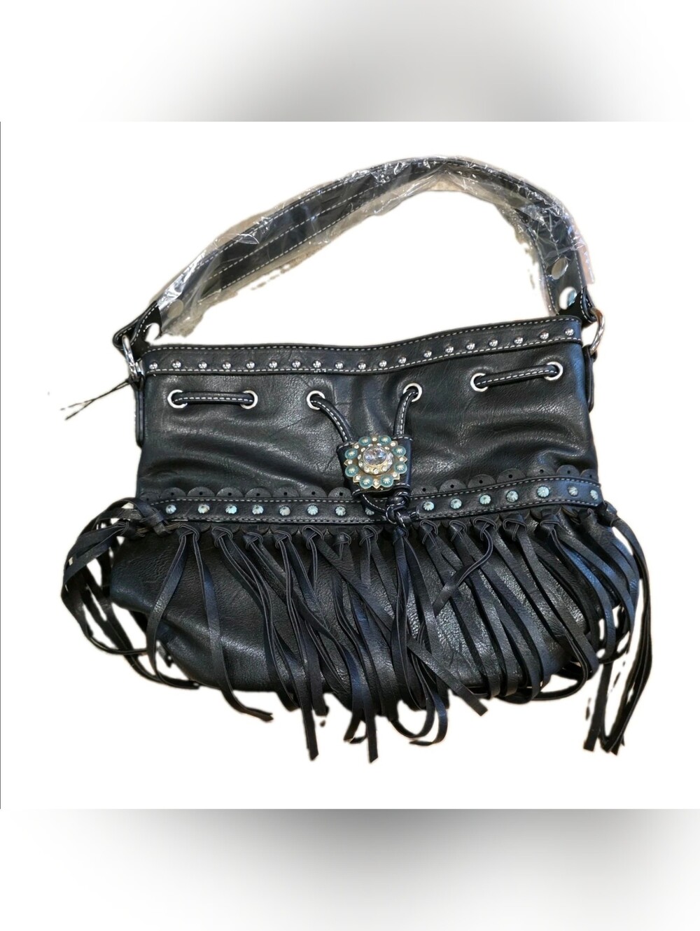 Cowgirl Trendy Crossbody Fringe Hand Bag Black Leather Western BRAND NEW